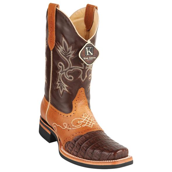 Men's King Exotic Caiman Belly Square Toe Boots Brown