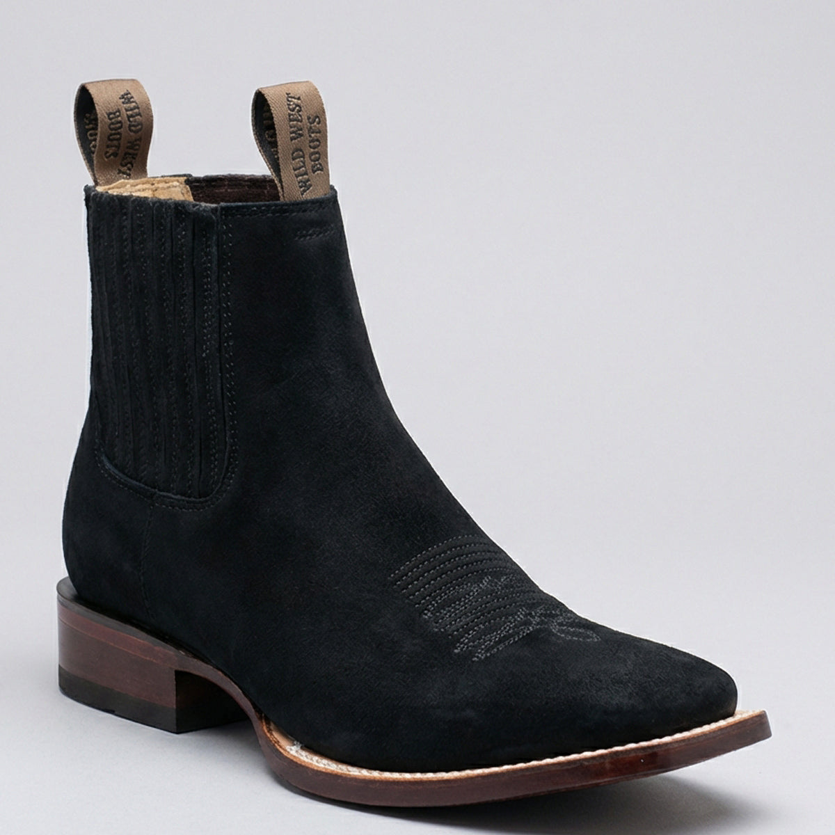 Wild West men's black nubuck leather square toe Chelsea western boot.