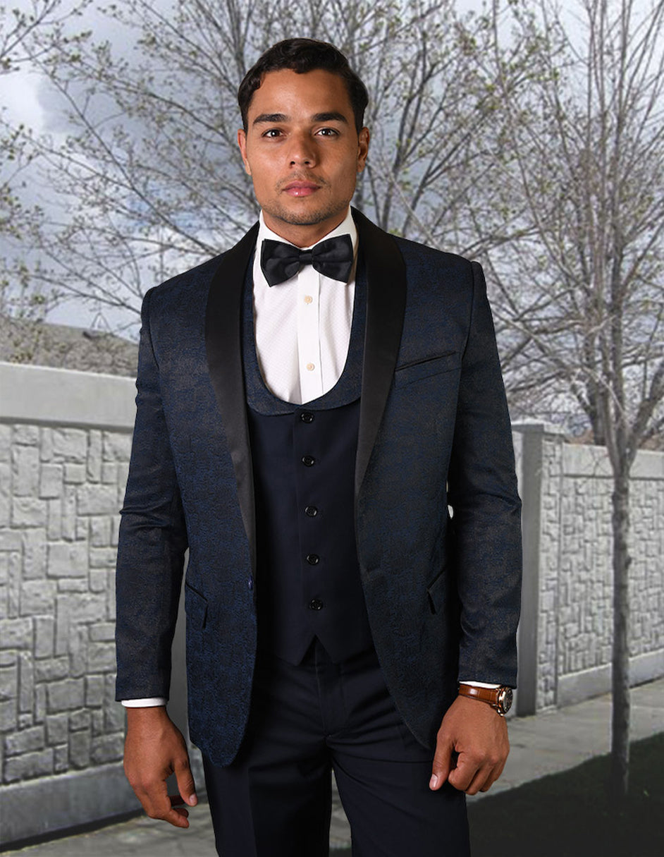 Navy Paisley Shawl Lapel Vested Tuxedo