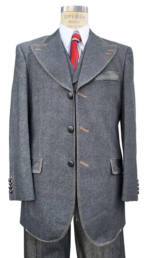 Denim Cotton 3-Piece Black Suit with Vest