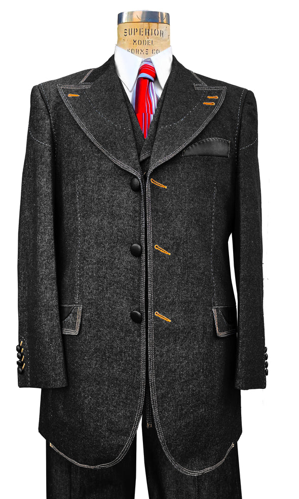 Denim Cotton 3-Piece Black Suit with Vest