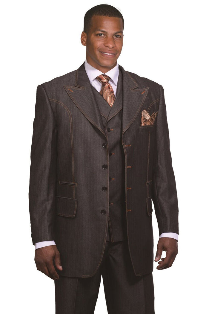 Mens 4 Button Peak Lapel Vested Denim Suit in Black