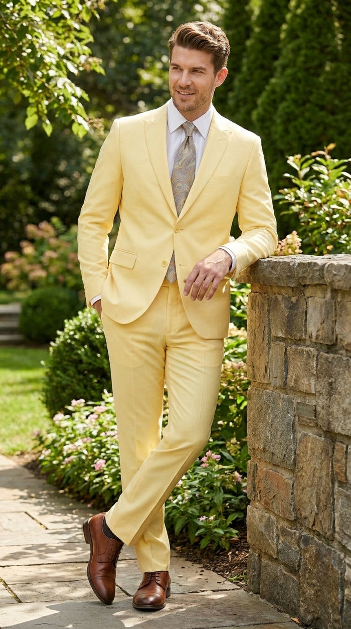 Men’s Pale Yellow 2 Piece Suit, Formal Dress Suit for Weddings, Prom, Parties, Summer Events, and Special Occasions By Vitali