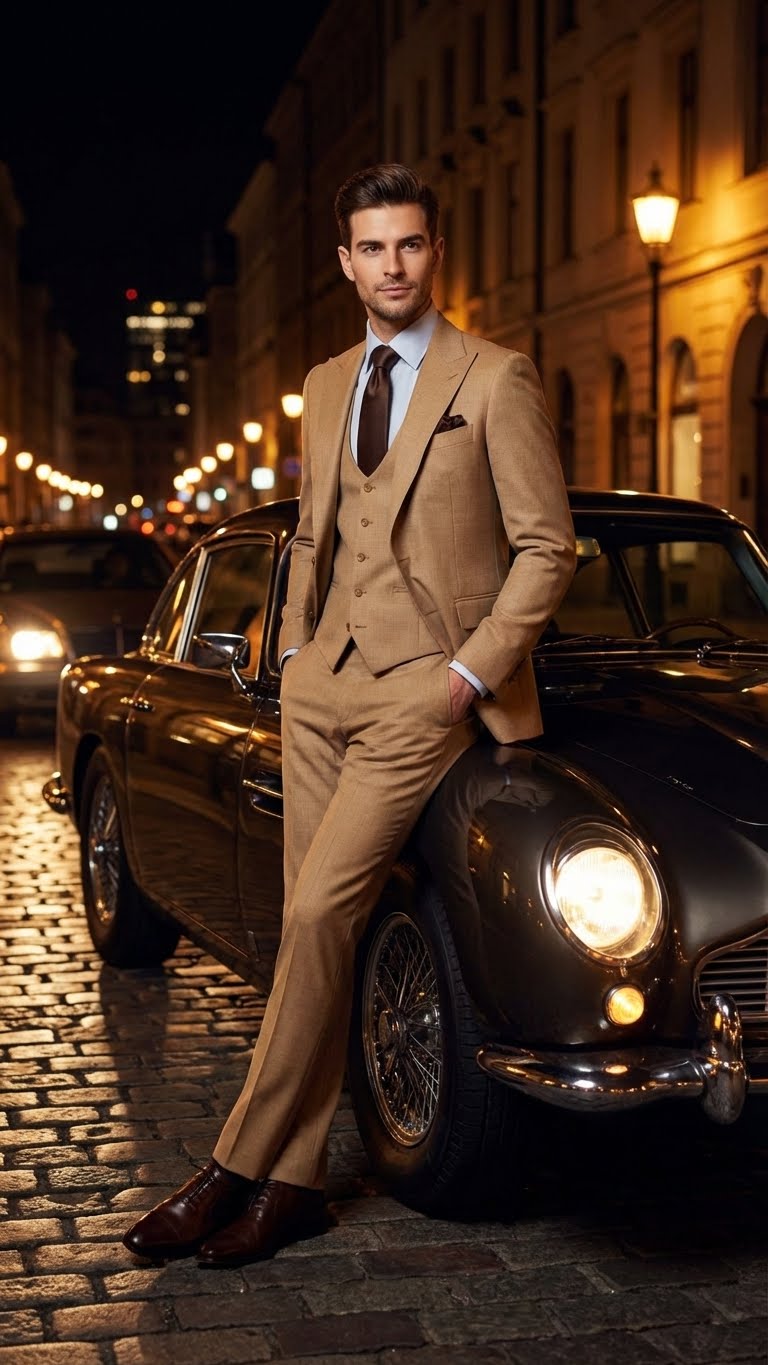 Men's Tan Three-Piece Suit with Vest – Classic Tailored Fit  in camel khaki Bronze color By Rossiman