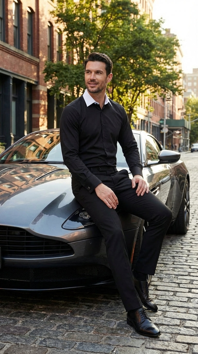 mens black dress shirt white collar Comfort Stretch Non-Iron Solid Dress Shirt With Contrast Trim