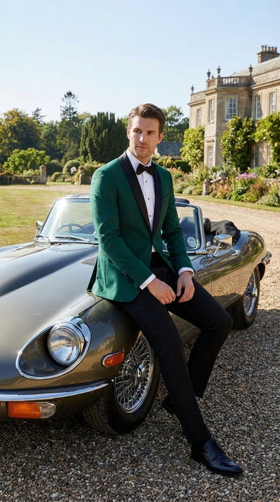 Men’s Emerald Green Tuxedo Jacket with Black Satin Shawl Lapel | Prom Dinner Blazer