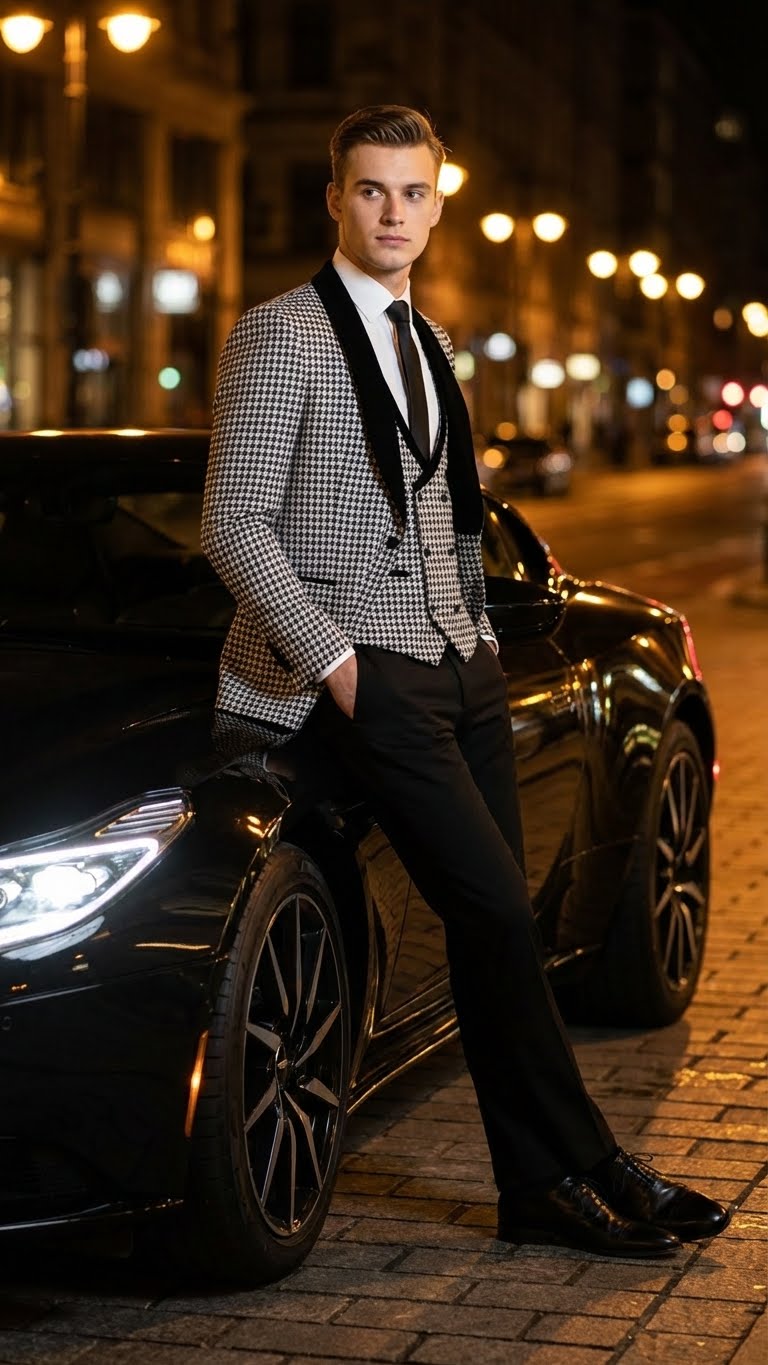 Men’s Black and White Houndstooth Tuxedo Set with Velvet Shawl Lapel | 3-Piece Formal Suit with Double-Breasted Vest