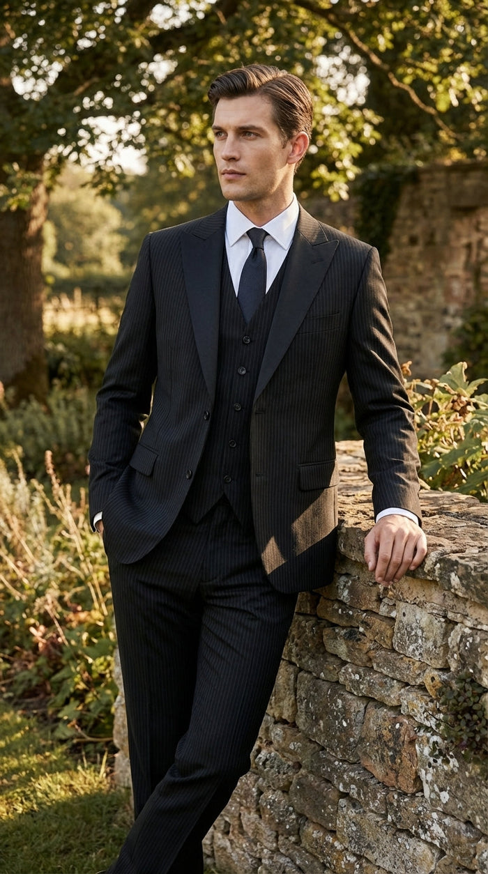 Vitali Mens Black Tone on Tone Shadow Stripe Vested Suit Set – 3 Piece Modern Fit Pinstripe Two Buttons
