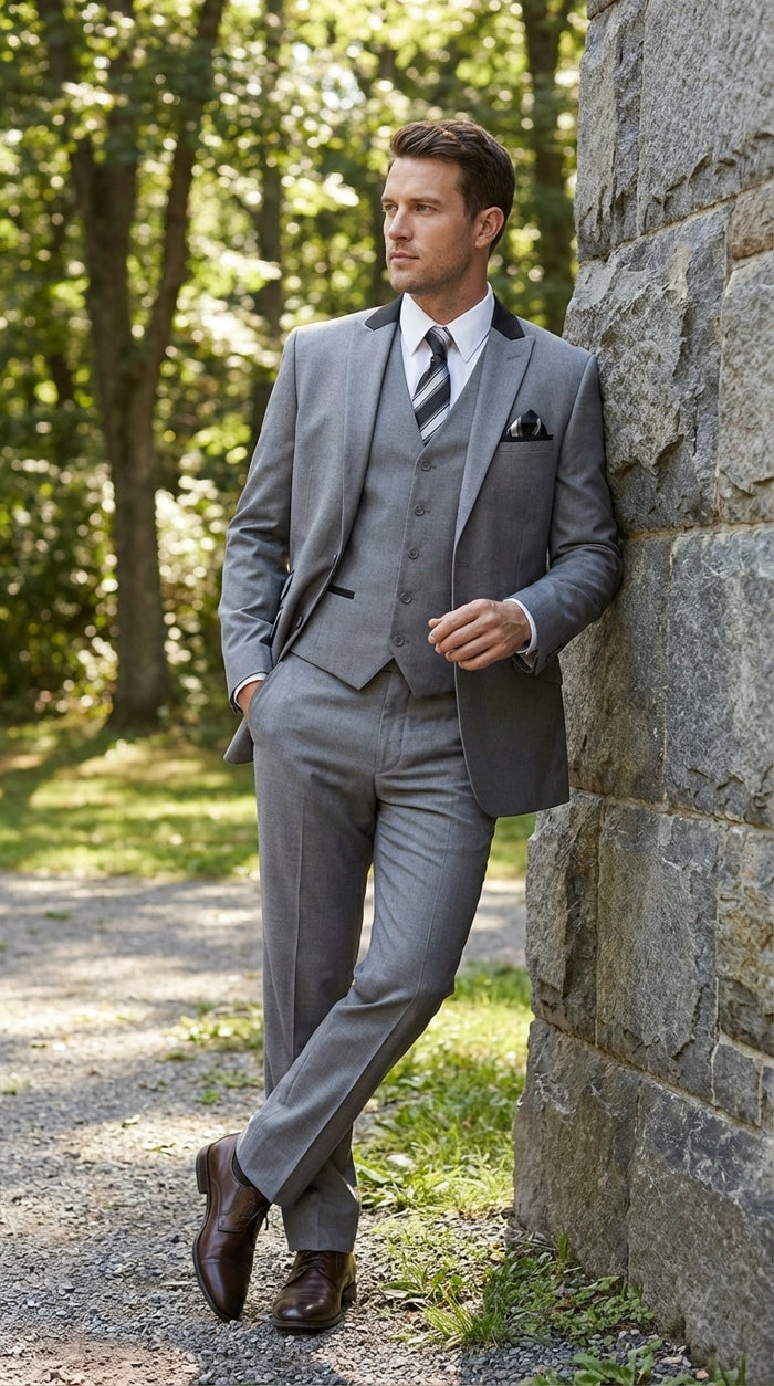 Men’s Light Gray Three Piece Suit with Black Chesterfield Collar  – Classic Formal Weddings and Business Suit Set 1920s Vintage