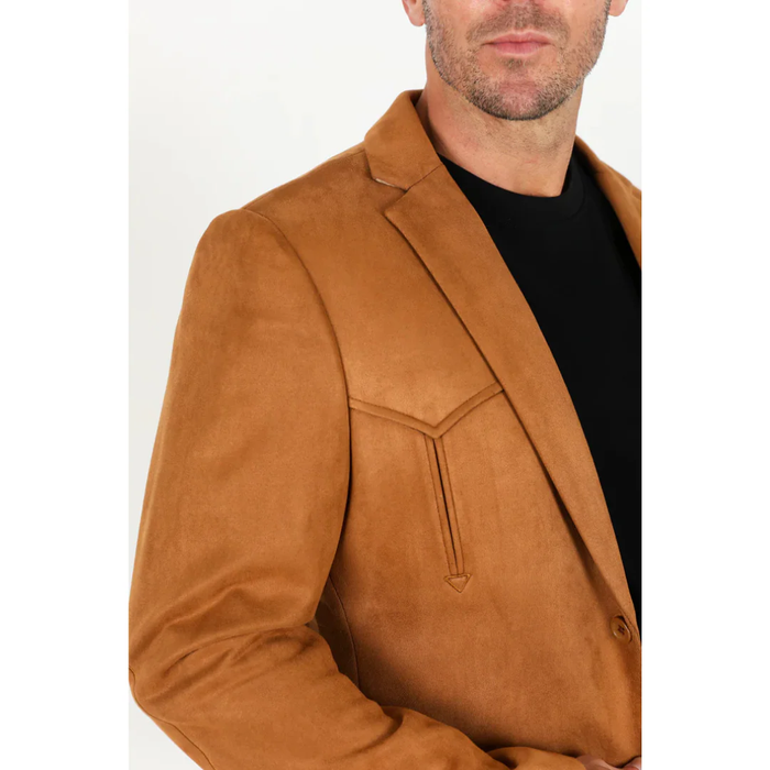 Mens Double Button Faux Suede Blazer- Camel