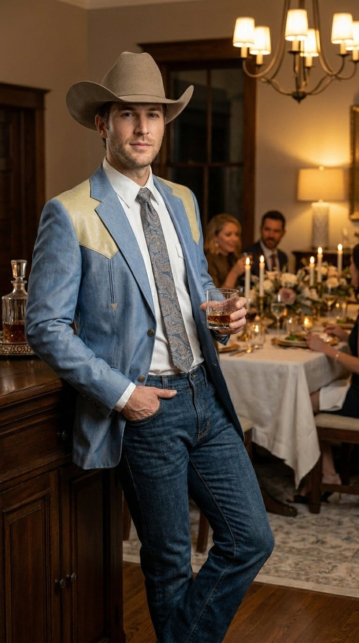 Men’s Steel - Light Blue and Bone Color Western Cowboy Blazer – Shiny Country Style Dress Jacket for Rodeo Saco De Hombre Vaquero