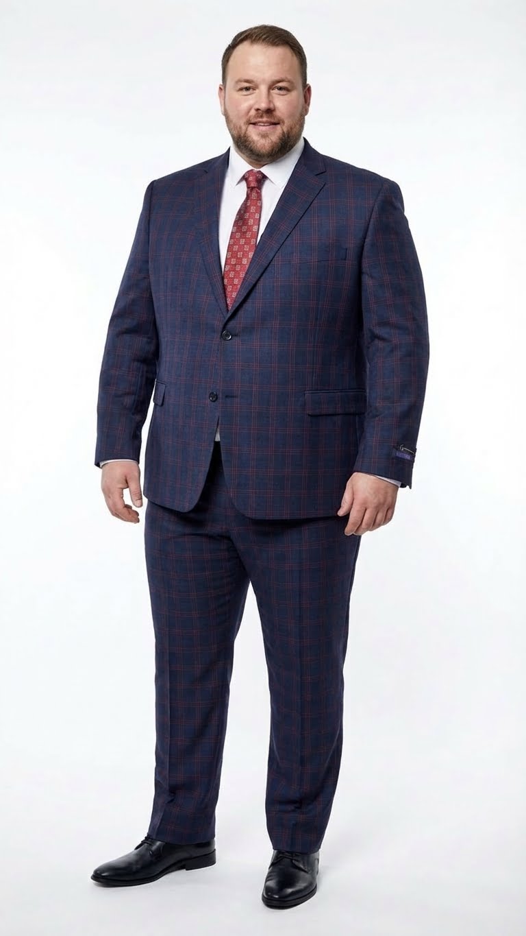 Men's Navy Blue and Burgundy Checkered Two-Piece Suit Plaid Windowpane Men's Navy Blue and Burgundy Checkered Two-Piece Suit Plaid Windowpane