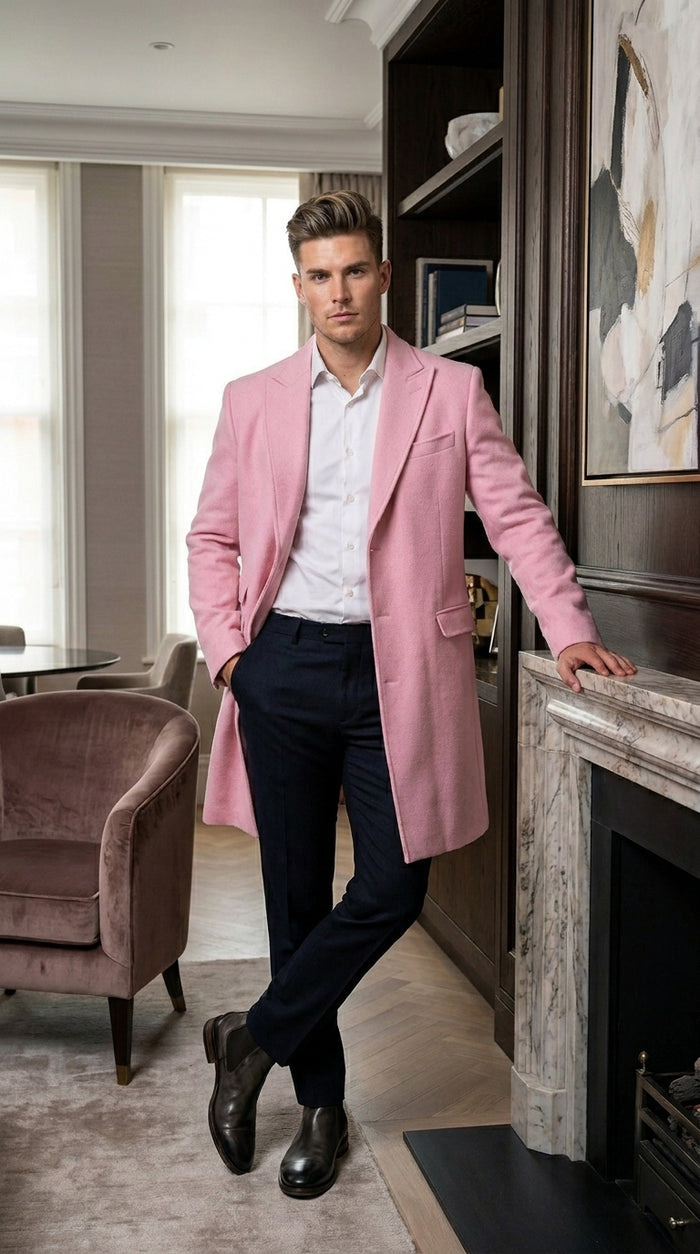 Men’s Light Pink Fashion Overcoat with Notch Lapel, Dress Car Coat for Formal and Casual Wear