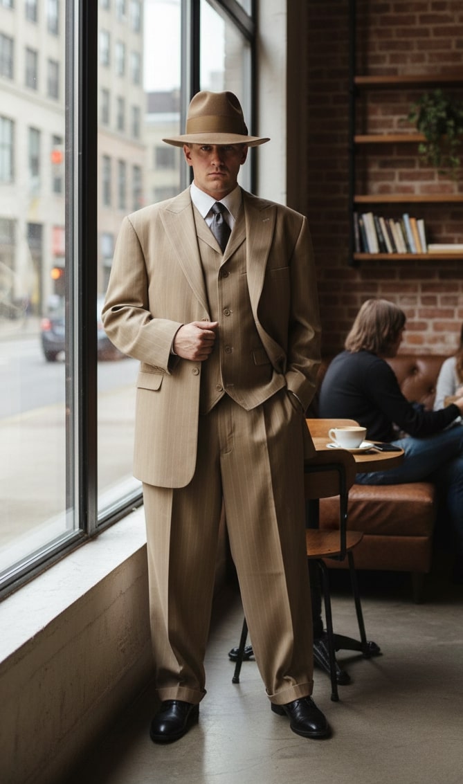Mens Tan Pinstripe 1920s Gangster Zoot Suit