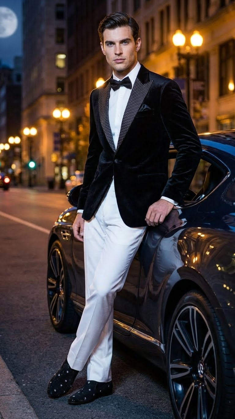 Men’s Black Velvet Tuxedo Blazer with Studded Lapel – Formal Evening Jacket