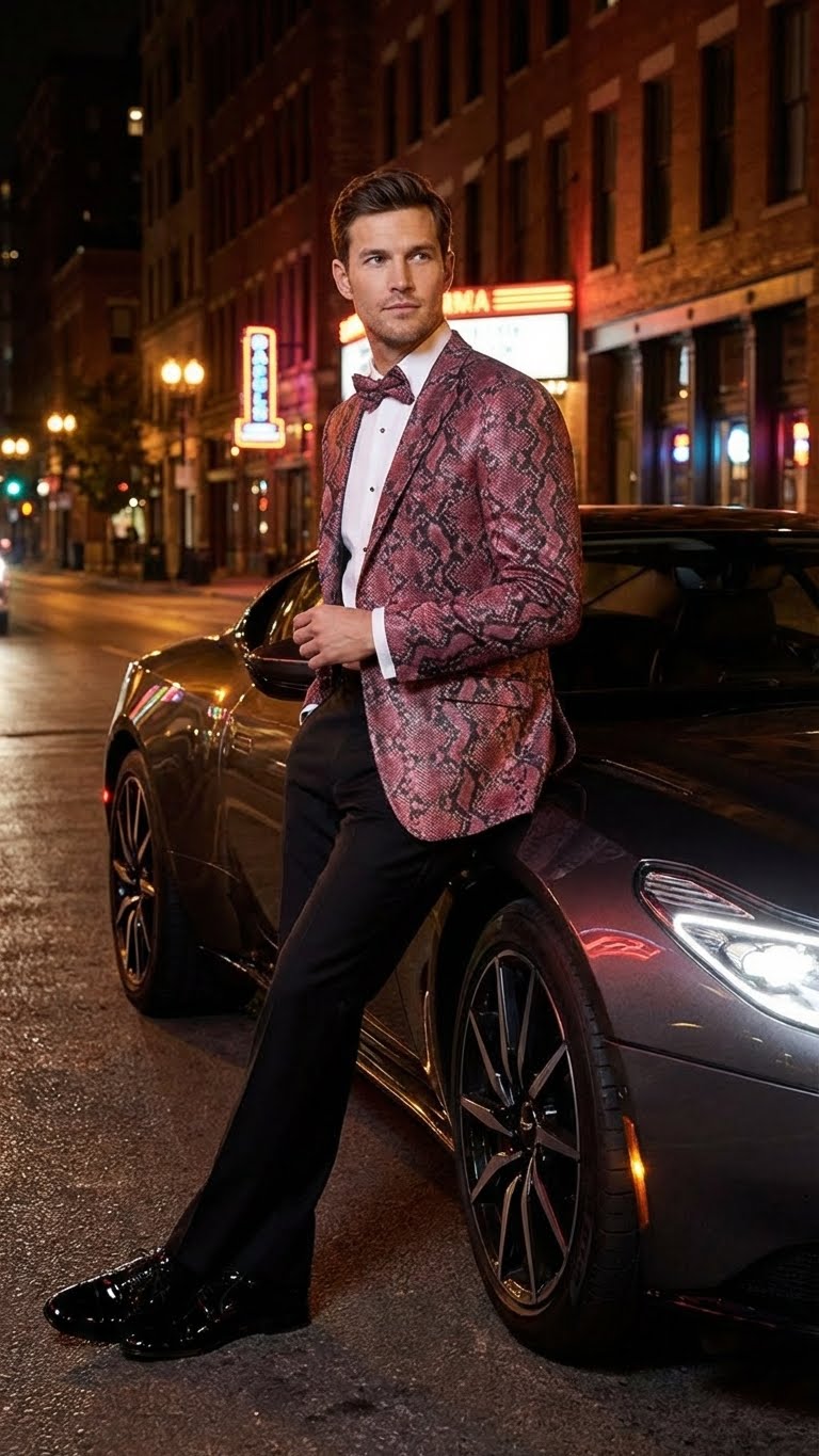 Men’s Burgundy and Black Snakeskin Print Blazer – Alligator Crocodile Sport Jacket Exotic Skin