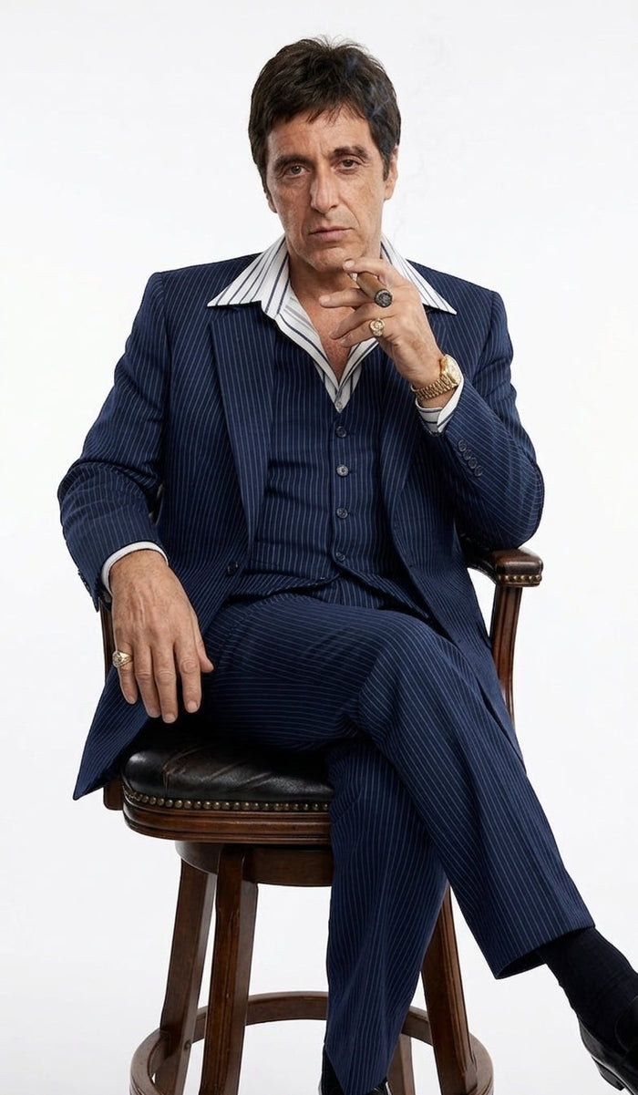 Tony Montana’s Blue Pinstripe 3 Piece Suit – Men’s Vintage Blue Striped Suit for Wedding, Prom and Classic Formal Wear