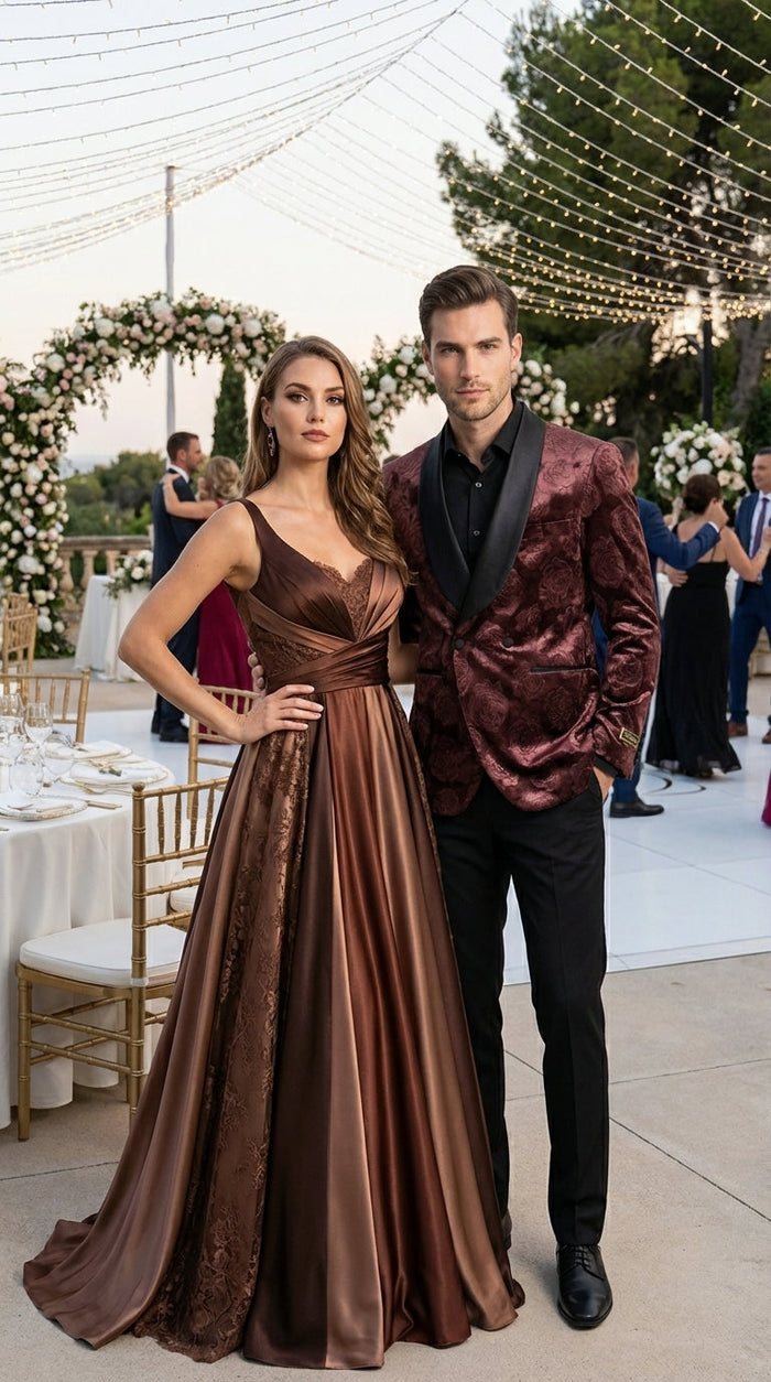 Mens Rust Copper Brick color Floral Jacquard Pasiley Blazer – Pattern Dinner Jacket with Black Shawl Lapel for Formal dinners and Wedding