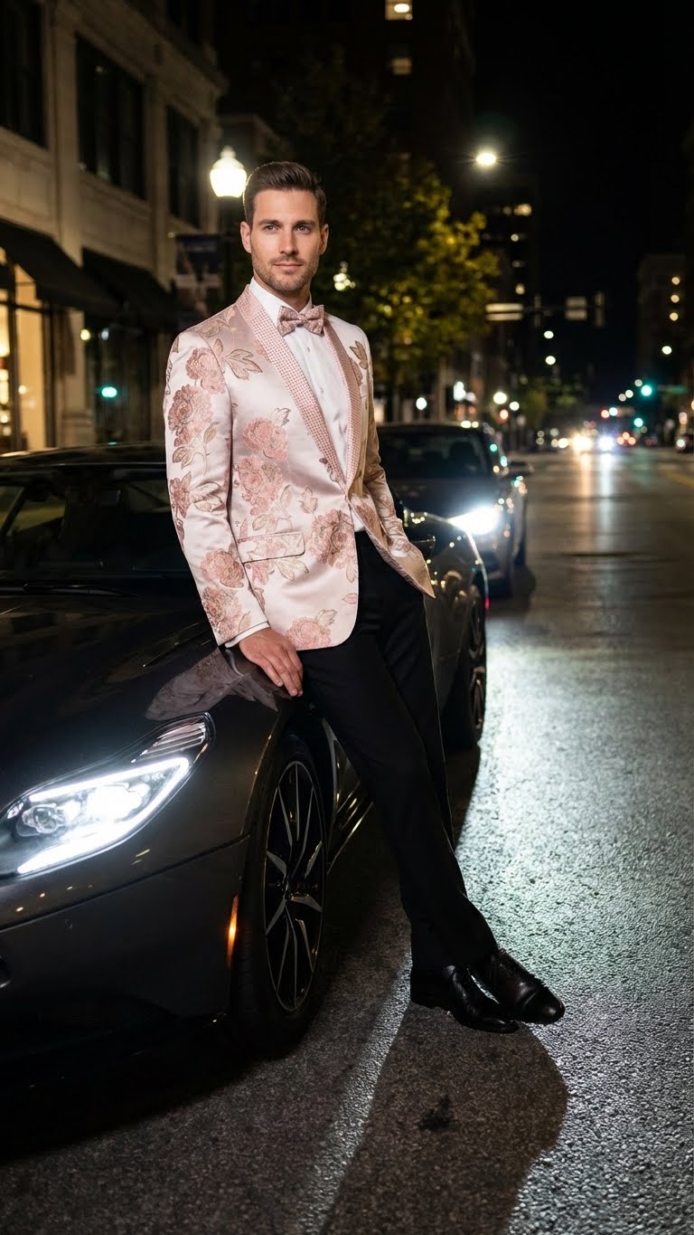 Men’s Pink Blush Floral Jacquard Blazer with Embellished Shawl Lapel – Luxury Party and Wedding Wear Jacket