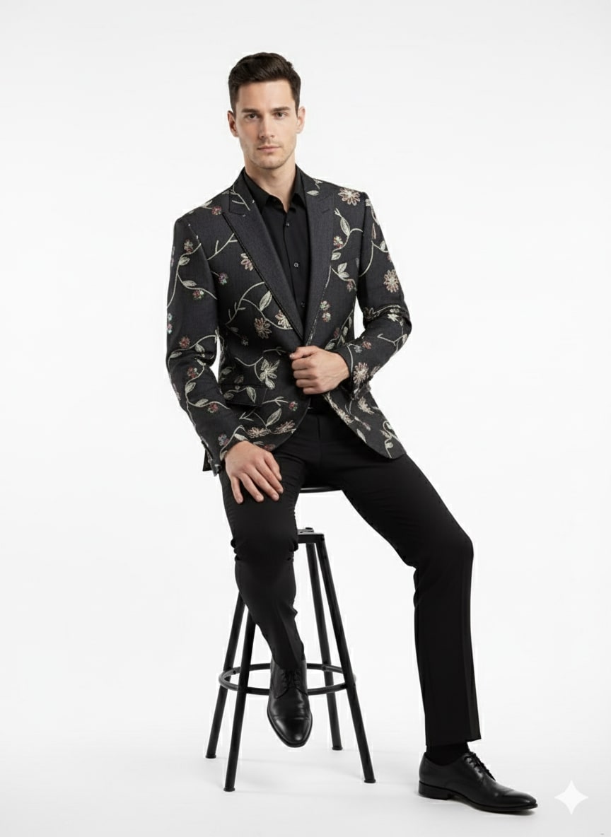 Black Floral Embroidered Designer Men's Blazer