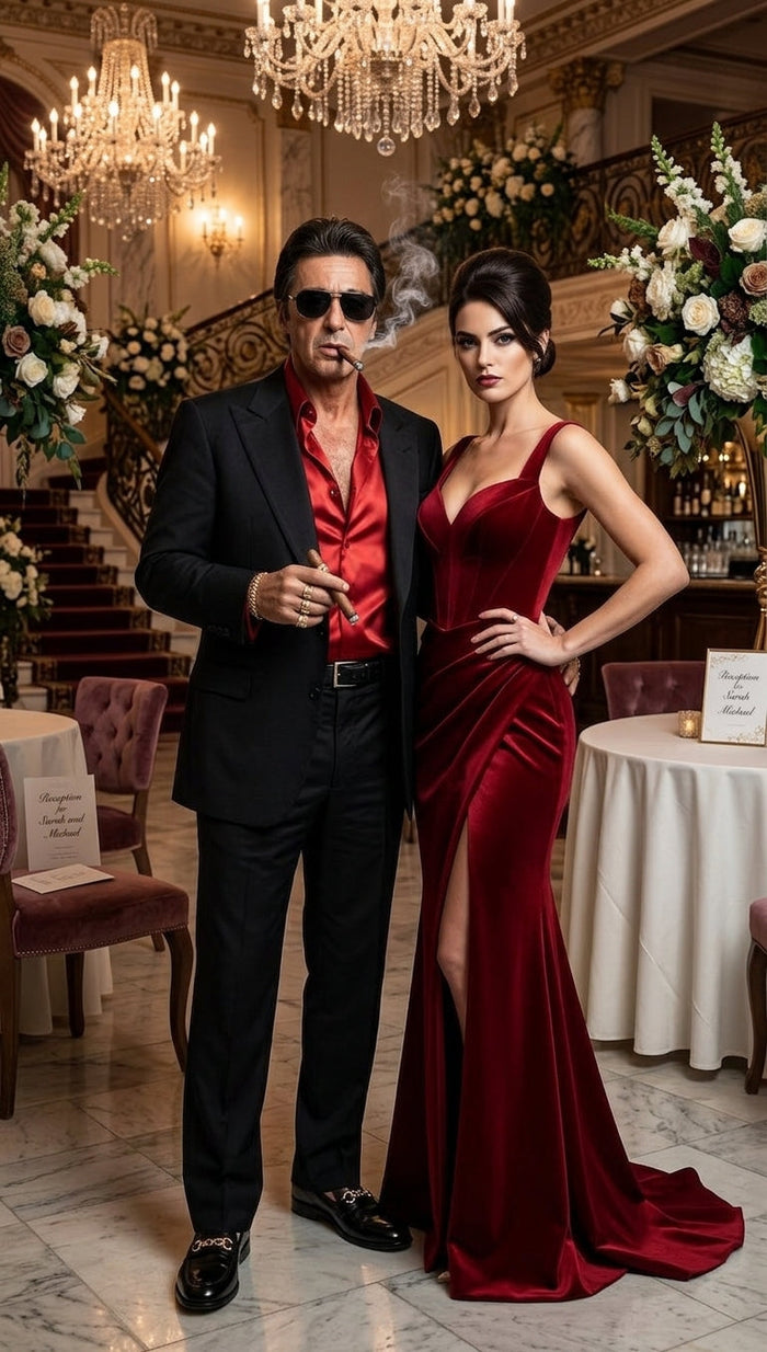 Tony Montana’s Black Blazer with Red Sateen Shirt – Men’s Black Formal Blazer and Red Satin Style Shirt Outfit for Party, Wedding and Vintage Wear