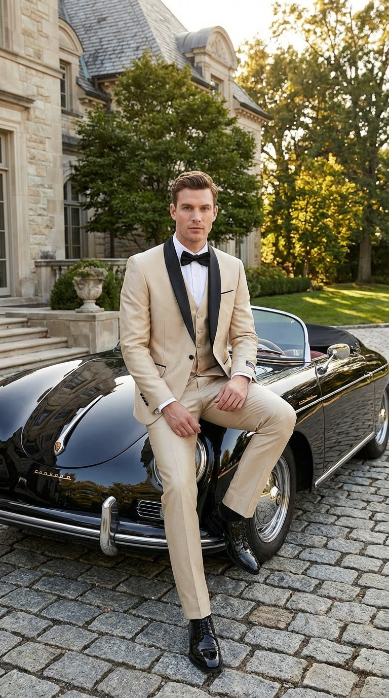 Men’s Champagne Beige Shiny Tuxedo 3 Piece Suit with Black Shawl Lapel | Formal Wedding Prom Suit Set in Sand Light Tan Color