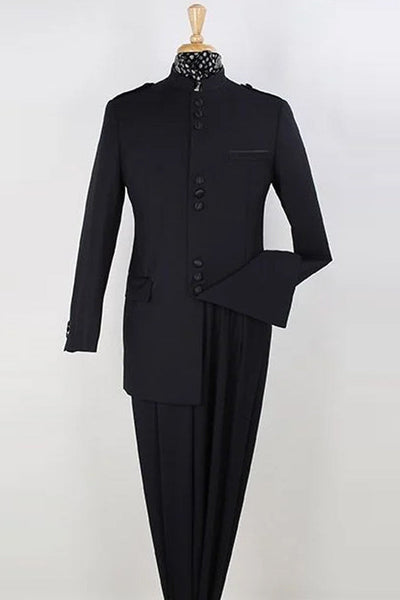 Mens Classic Military Banded Collar Mandarin Safari Suit in Black
