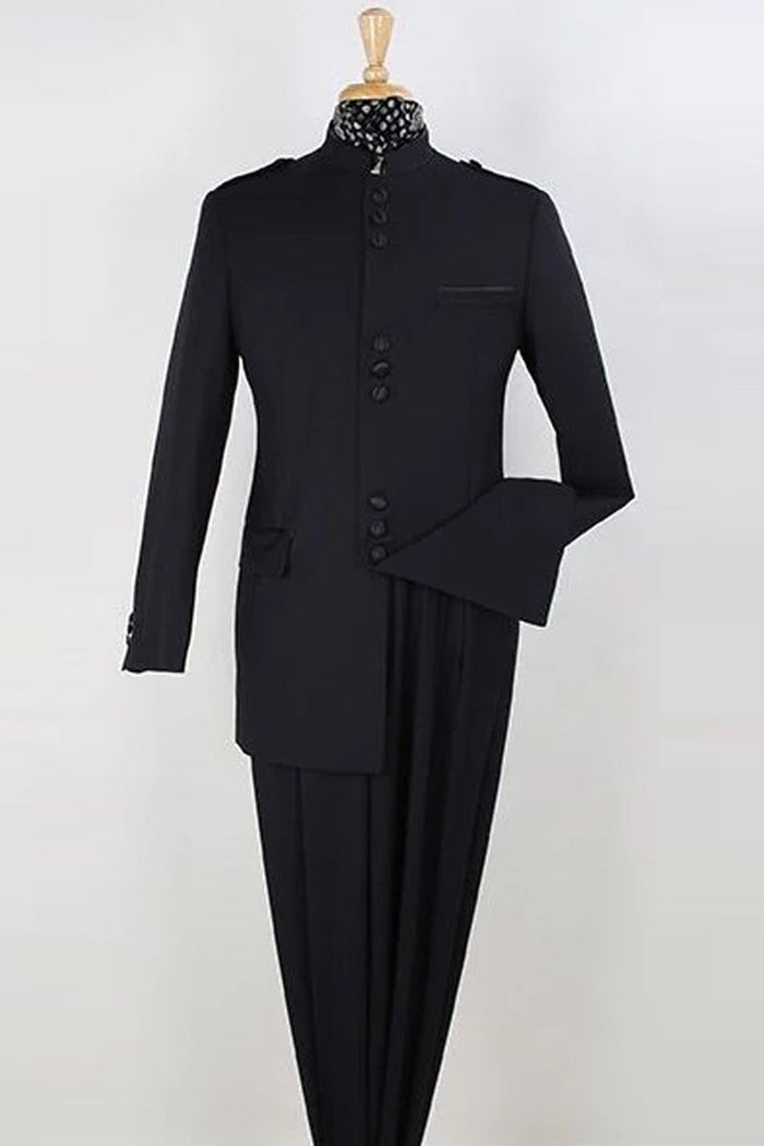 Mens Classic Military Banded Collar Mandarin Safari Suit in Black