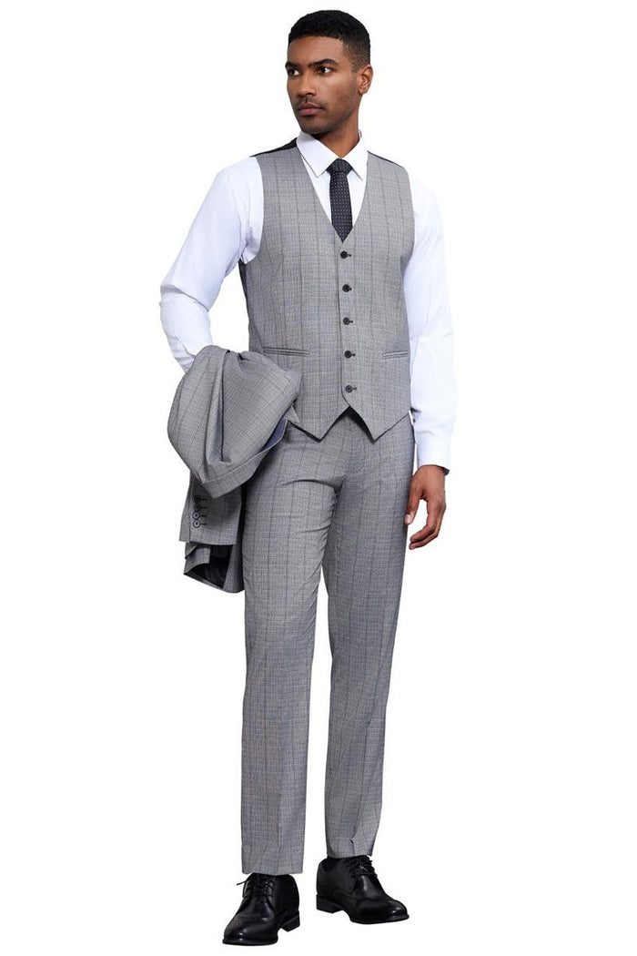 Stacy Adams Light Grey Windowpane Plaid Suit