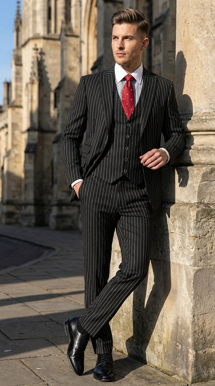 Men’s Beetlejuice Black Pinstripe 3 Piece Suit – Vintage Gothic Halloween Costume Suit