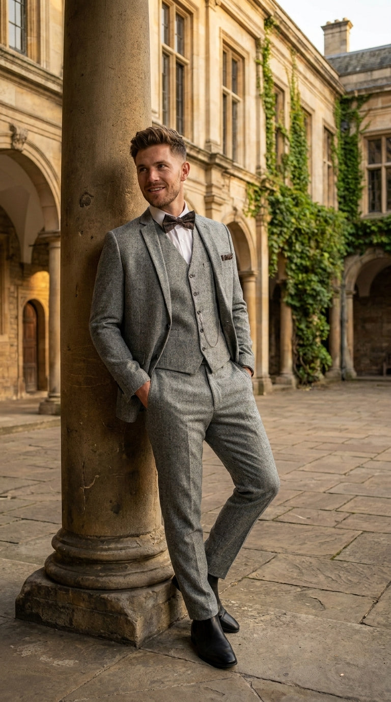 Men’s Grey Edwardian 3 Piece Suit – Vintage Victorian Wedding Suit with Vest Herringbone Tweed Fabric