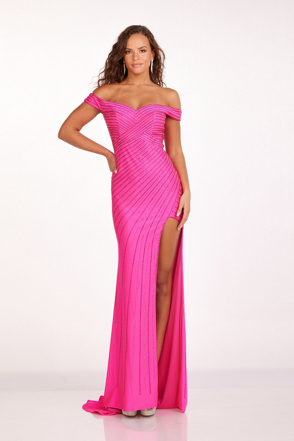 Abby Paris 90214 Beaded Off Shoulder Slit Evening Gown
