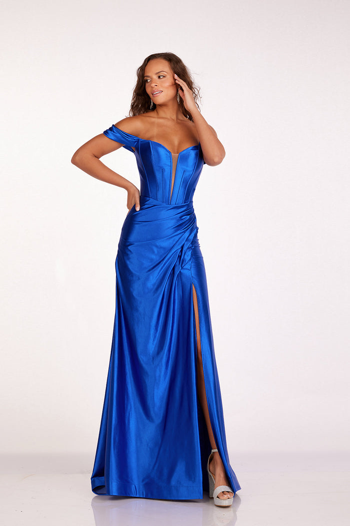 Abby Paris 90216 Satin Off Shoulder Corset Slit Gown by Lucci Lu