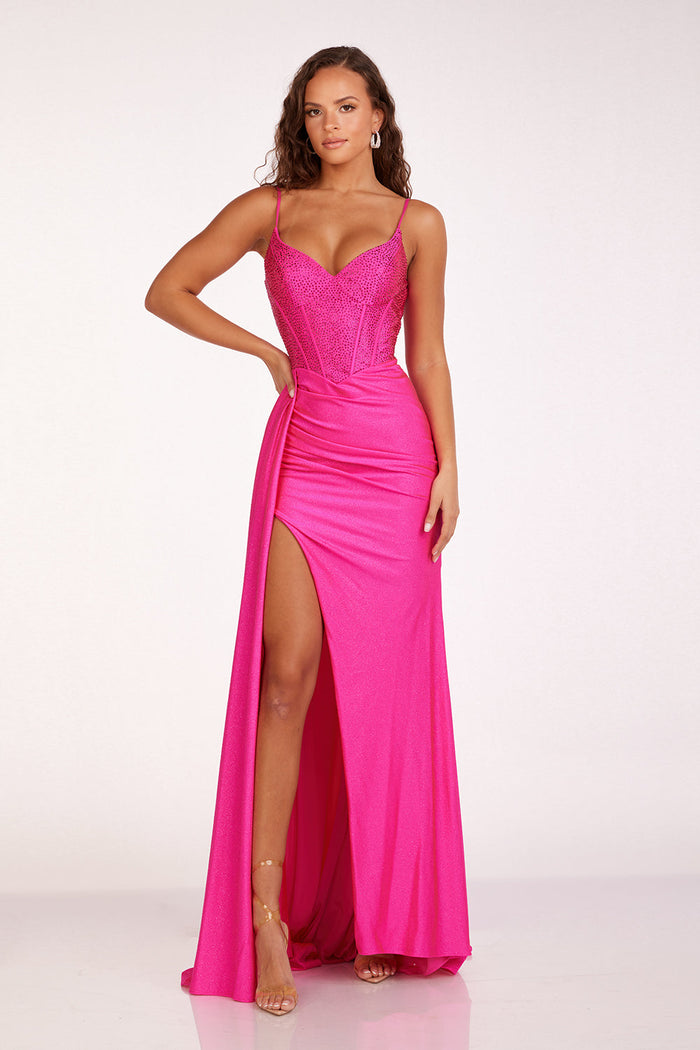 Abby Paris 90231 Beaded Sleeveless Corset Slit Gown