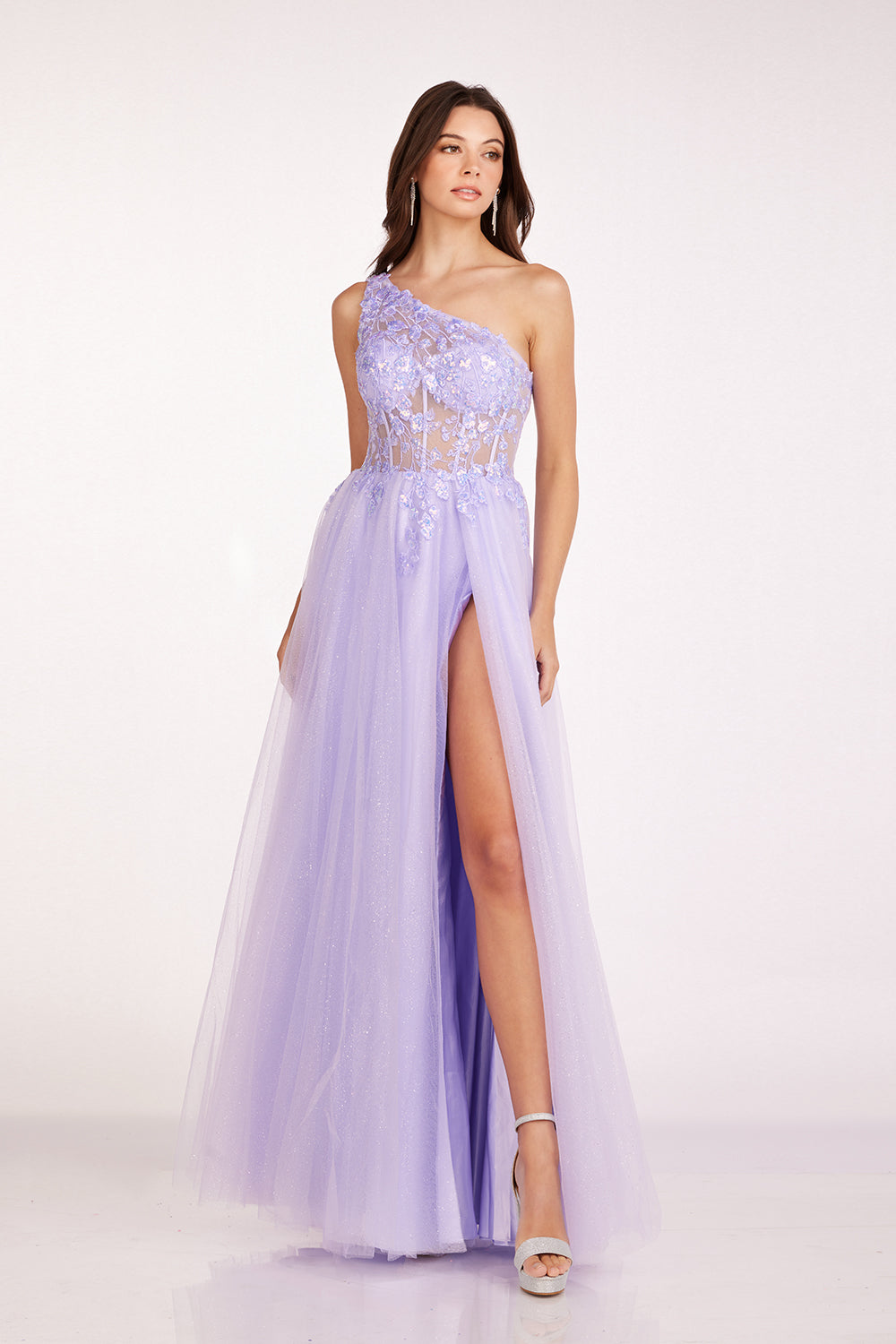 Abby Paris 90234 One Shoulder Glitter Tulle A-Line Gown