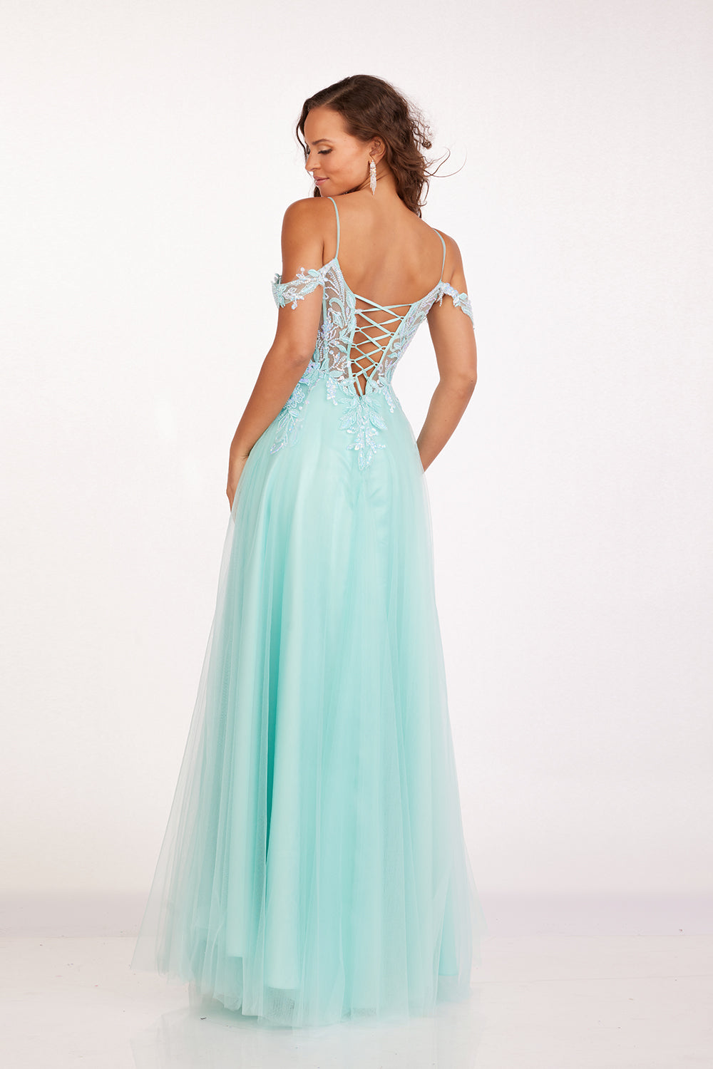 Abby Paris 90242 Applique Cold Shoulder Tulle A-Line Gown