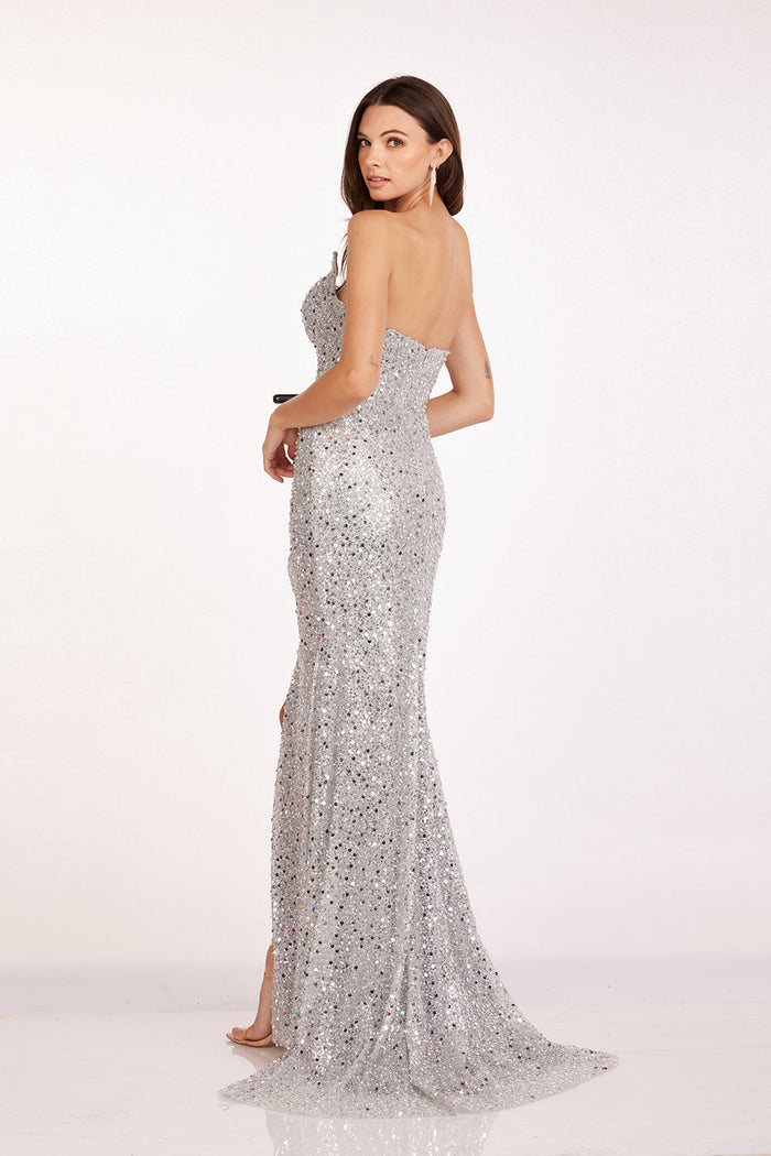 Abby Paris 90250 Sequin Strapless Beaded Slit Gown
