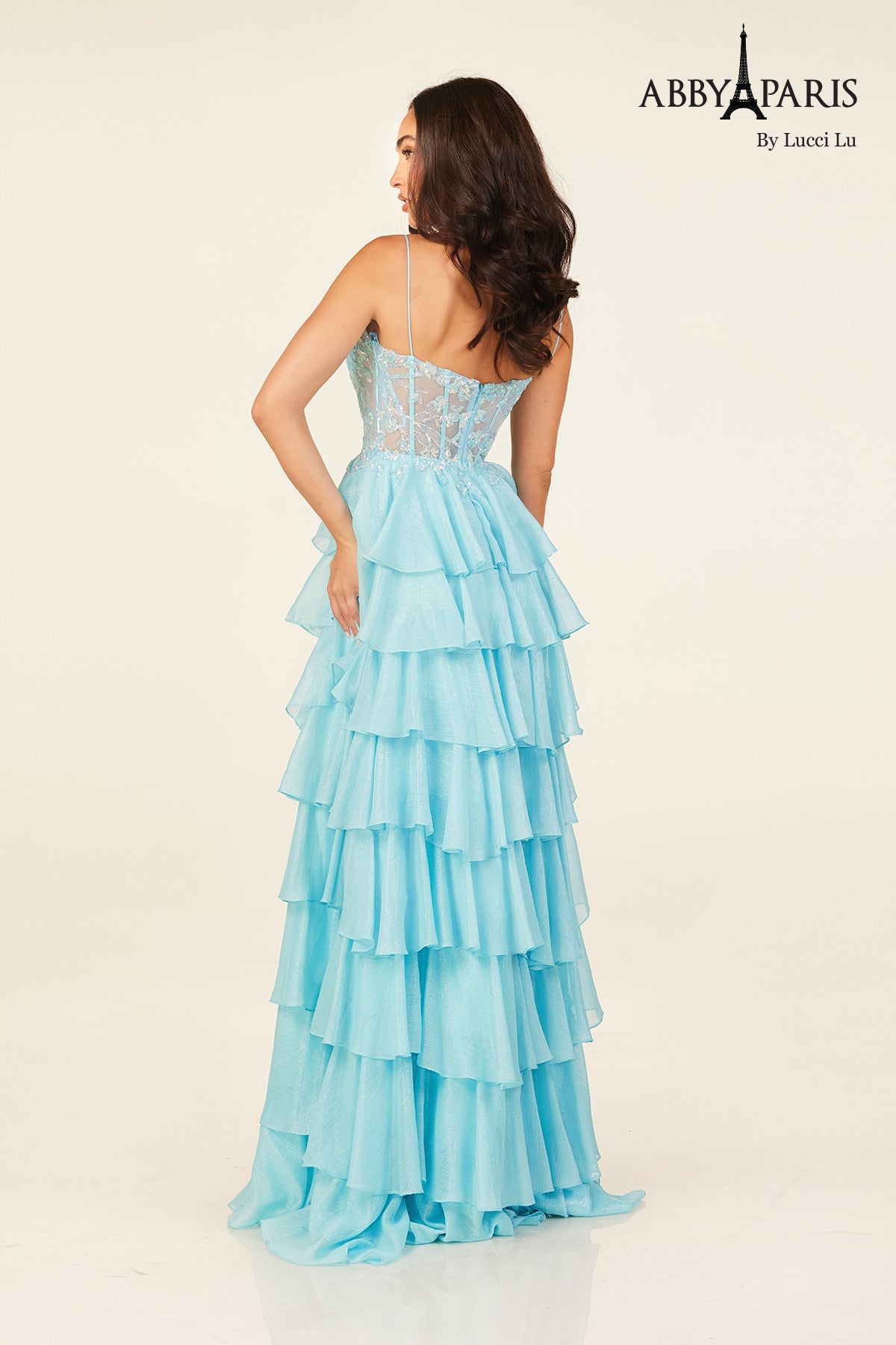 Abby Paris 90326 Applique Corset Tiered Evening Gown by Lucci Lu