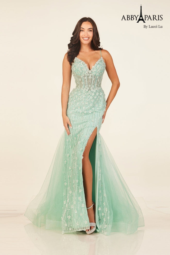Abby Paris 90334 Beaded Fitted V-Neck Slit Evening Gown