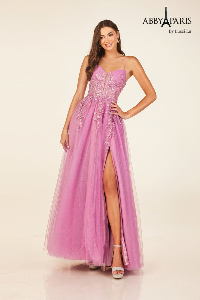 Abby Paris 90336 Applique Corset A-line Slit Evening Gown
