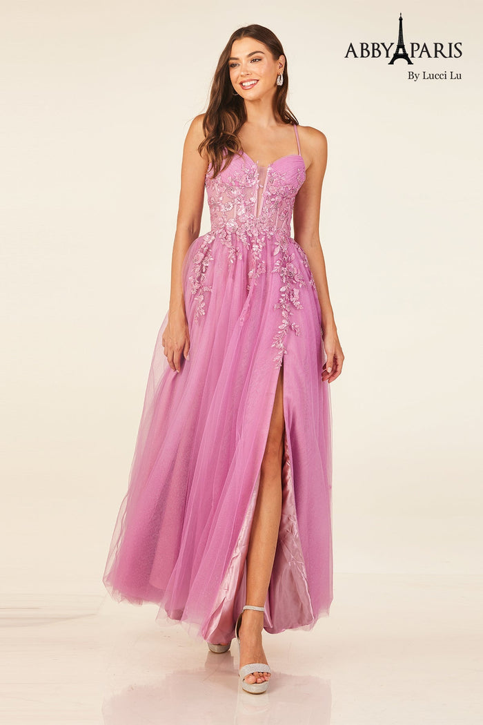 Abby Paris 90336 Applique Corset A-line Slit Evening Gown