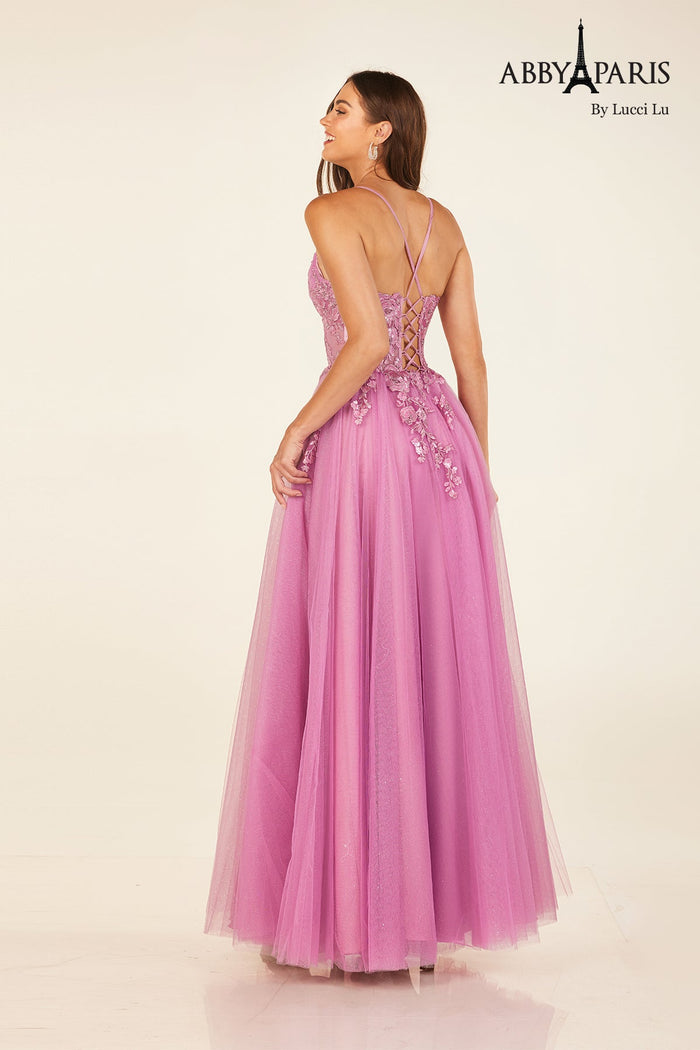 Abby Paris 90336 Applique Corset A-line Slit Evening Gown