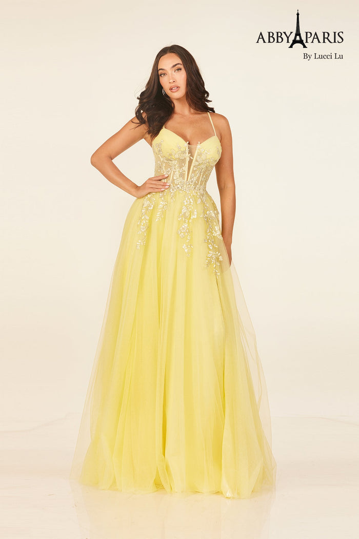 Abby Paris 90336 Applique Corset A-line Slit Evening Gown