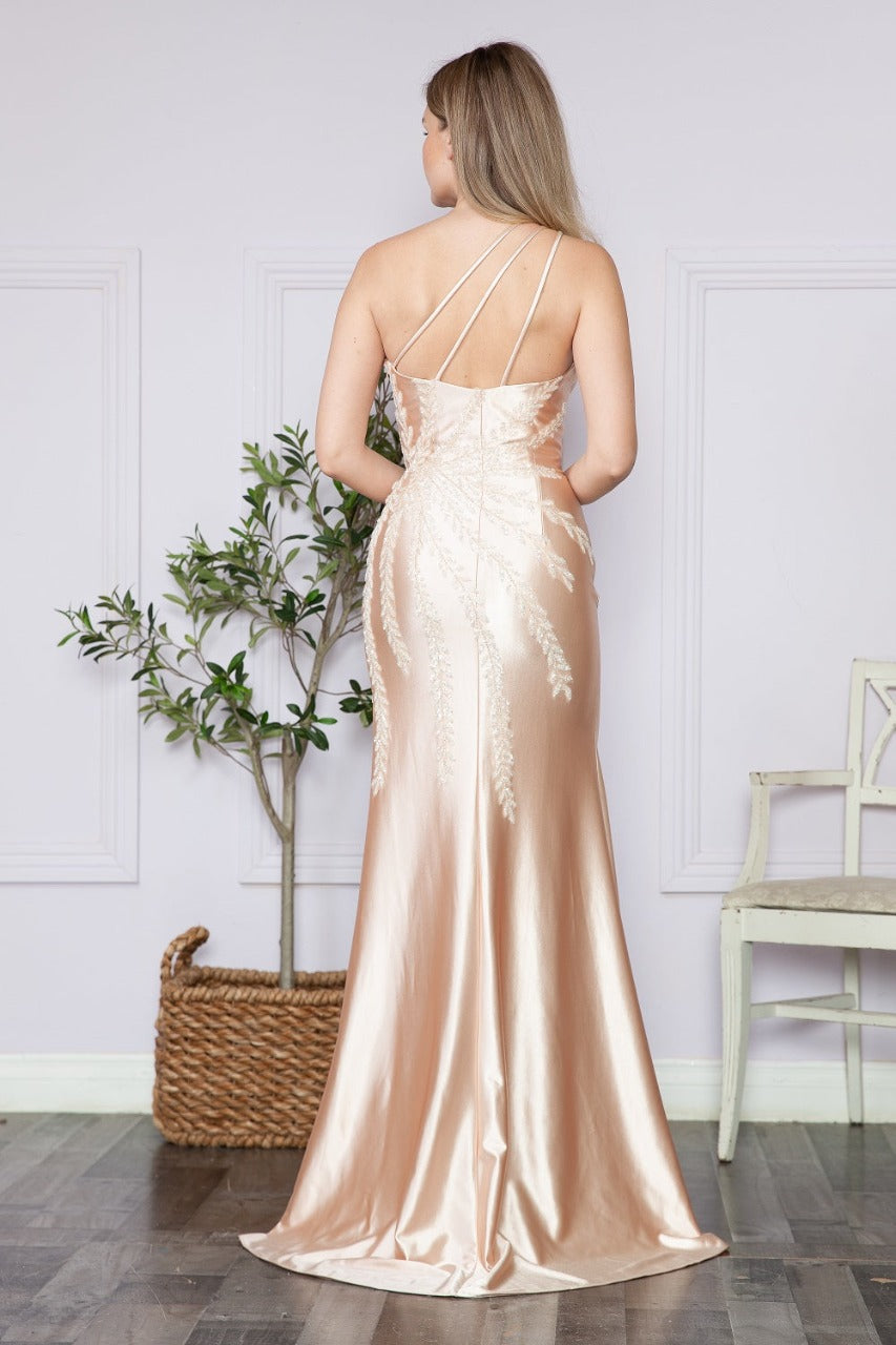 Poly USA 9358 One-Shoulder Embroidery Beaded Long Evening Dress