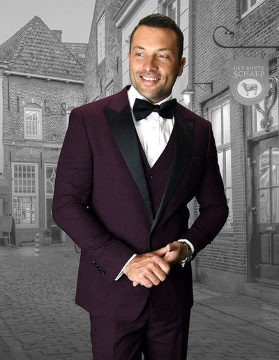 Burgundy Wide Peak Lapel Vested Prom Tuxedo