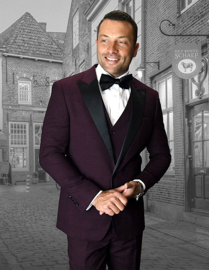 Burgundy Wide Peak Lapel Vested Prom Tuxedo