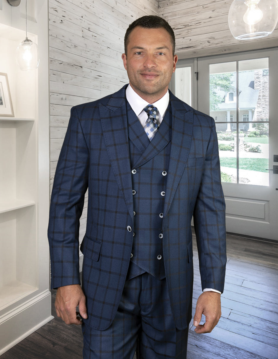 Classic Indigo Blue Plaid Suit with Vest
