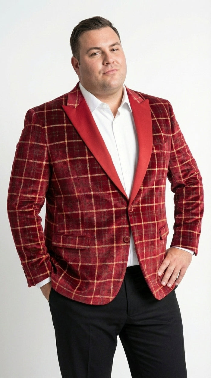 Mens Red Burgundy Plaid Blazer with Contrast Lapel – Velvet Fabric Check Prom Blazer Jacket for Party, Christmas New Year Holiday Jacket