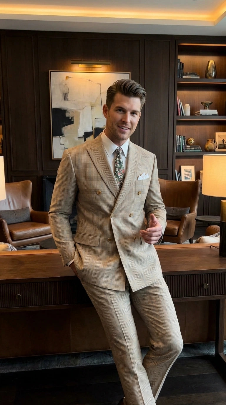 Vinci Men’s Beige Plaid Double Breasted Suit – Classic Checkered Formal Suit Set in Tan Color Windowpane Checkered Pattern