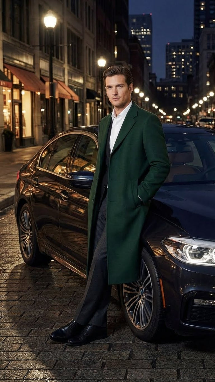 Men’s Hunter Green Full-Length Wool Overcoat – Classic Winter Dress Coat for Formal and Casual Wear Topcoat Mens Wintercoat